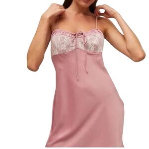 Urban Outfitters Pink satin and white lace mini dress size large new with tags